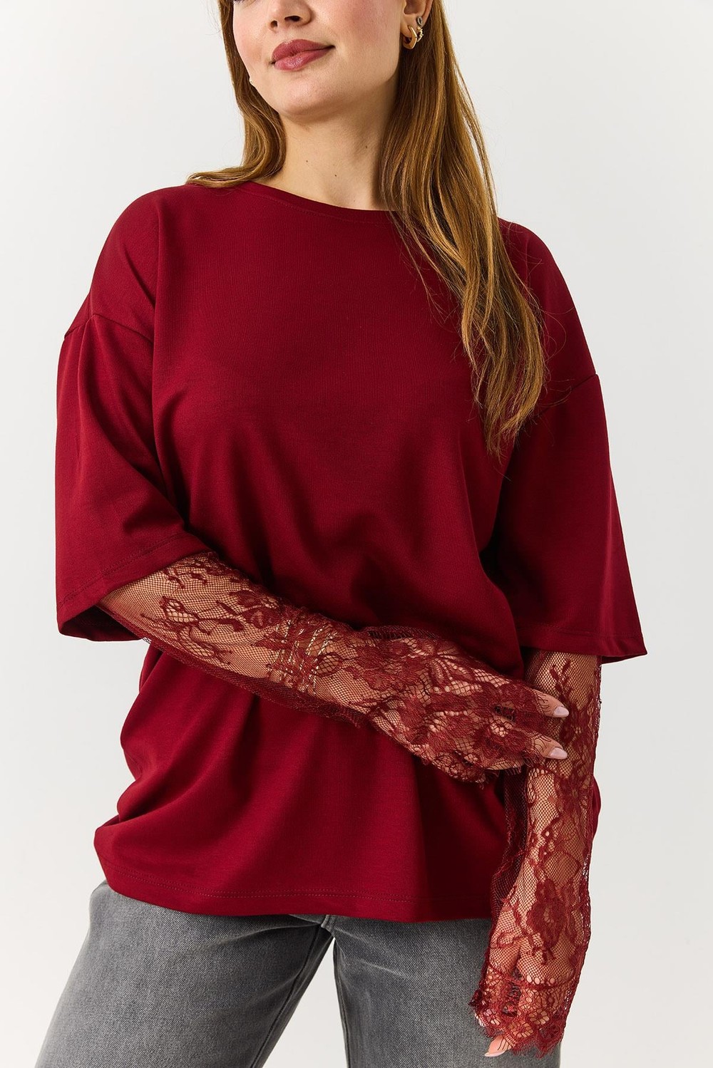 Kadın Kolu Tül Detaylı Oversize Tshirt Bordo