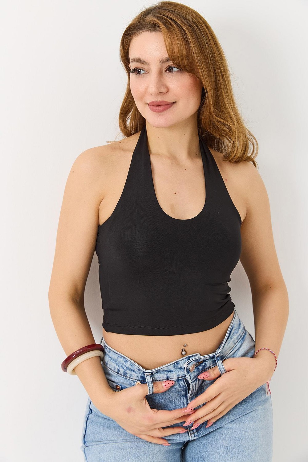 Kadın Boyundan Askılı  Crop Bluz Siyah