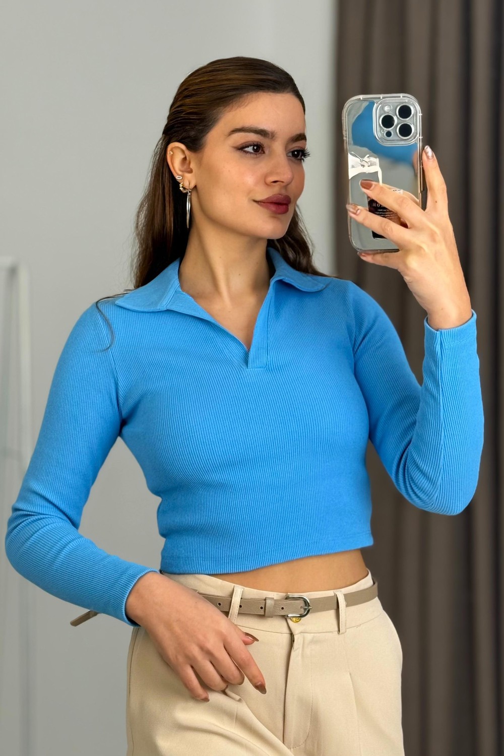 Kadın Polo Yaka Fitilli Crop Bluz Mavi