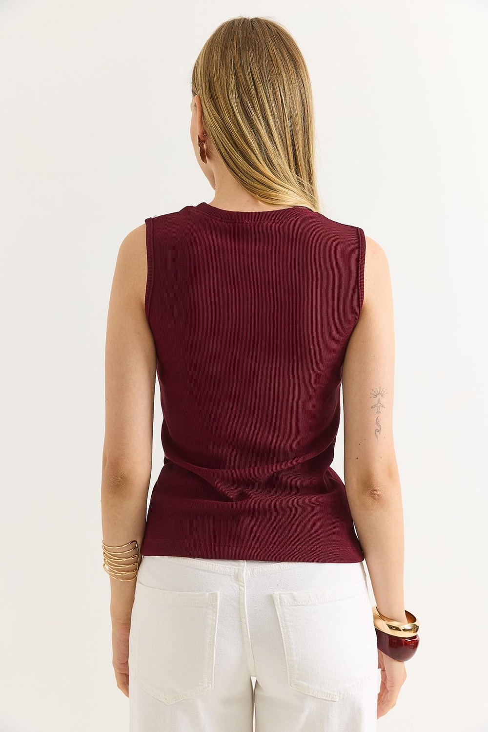 Bisiklet Yaka Gold Düğmeli Ottoman Fitilli Bluz Bordo