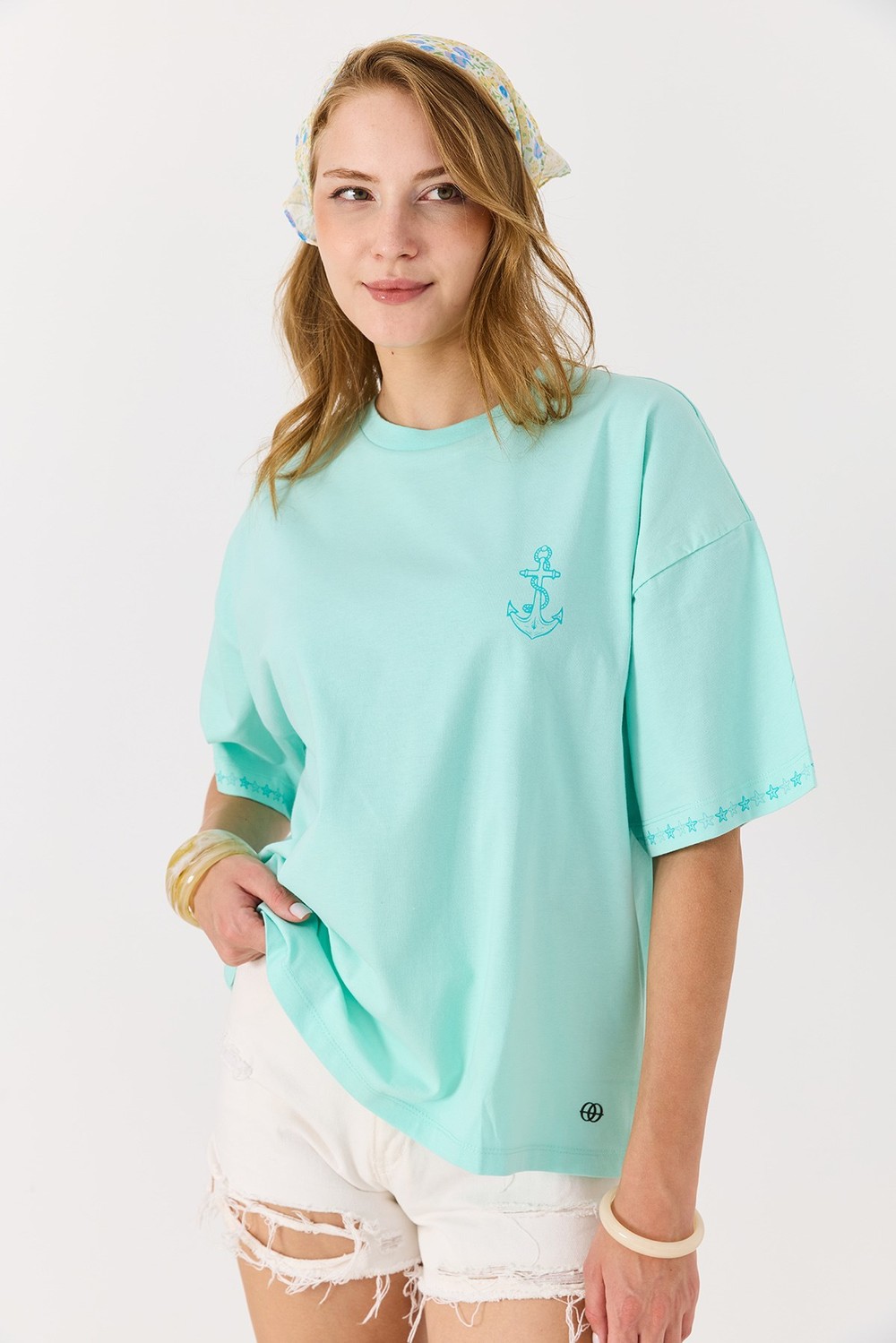 Kadın Bisiklet  Salaş Yaka Pembe Baskılı Tshirt Su Yeşili