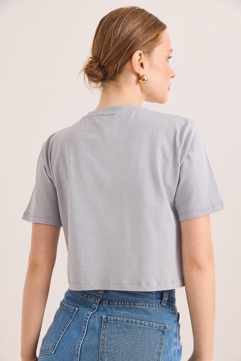Karikatür Kuş Baskılı Pamuk Örme Crop Tshirt Gri