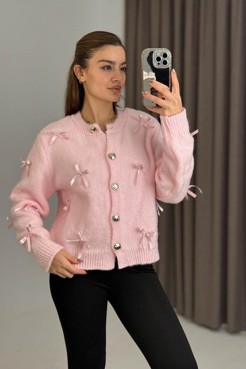 Kadın Kurdeleli Gold Düğmeli Şık Triko Hırka Pembe