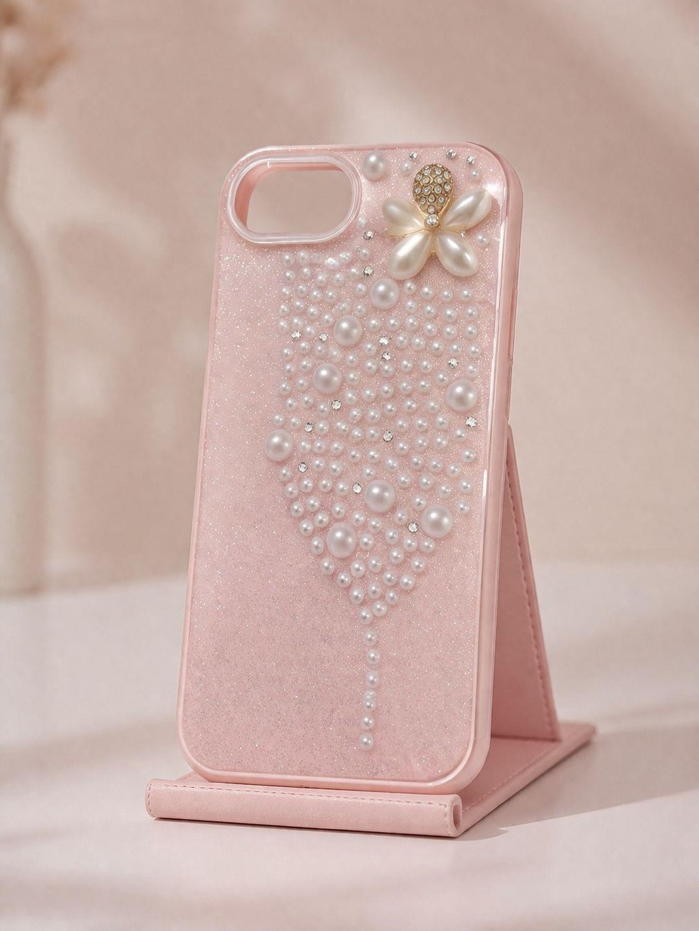 İphone 16 E Uyumlu İnci ve Glitter Detaylı Kılıf Pembe