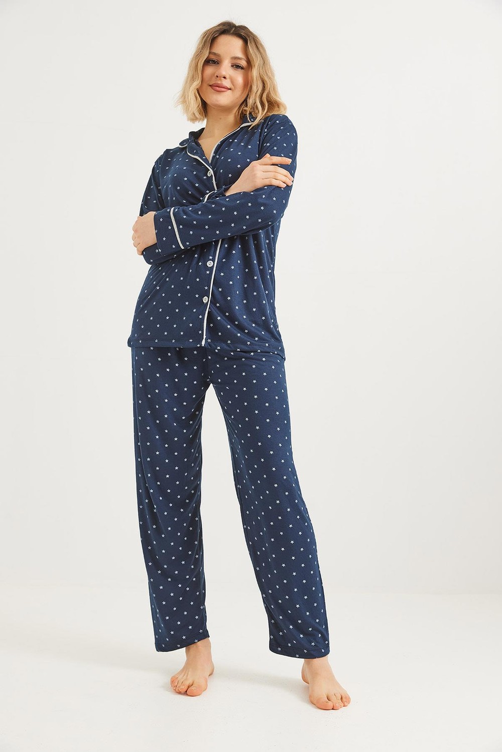 Düğmeli Uzun Kollu Pijama Takımı Lacivert