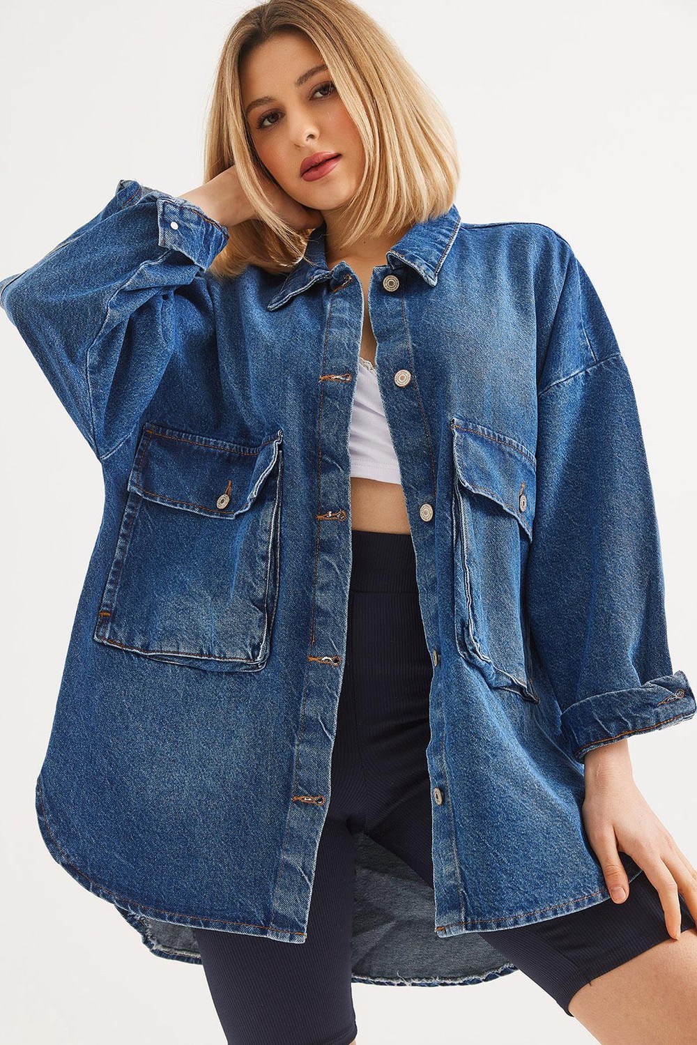 Çift Cepli  Oversize Kot Ceket Mavi