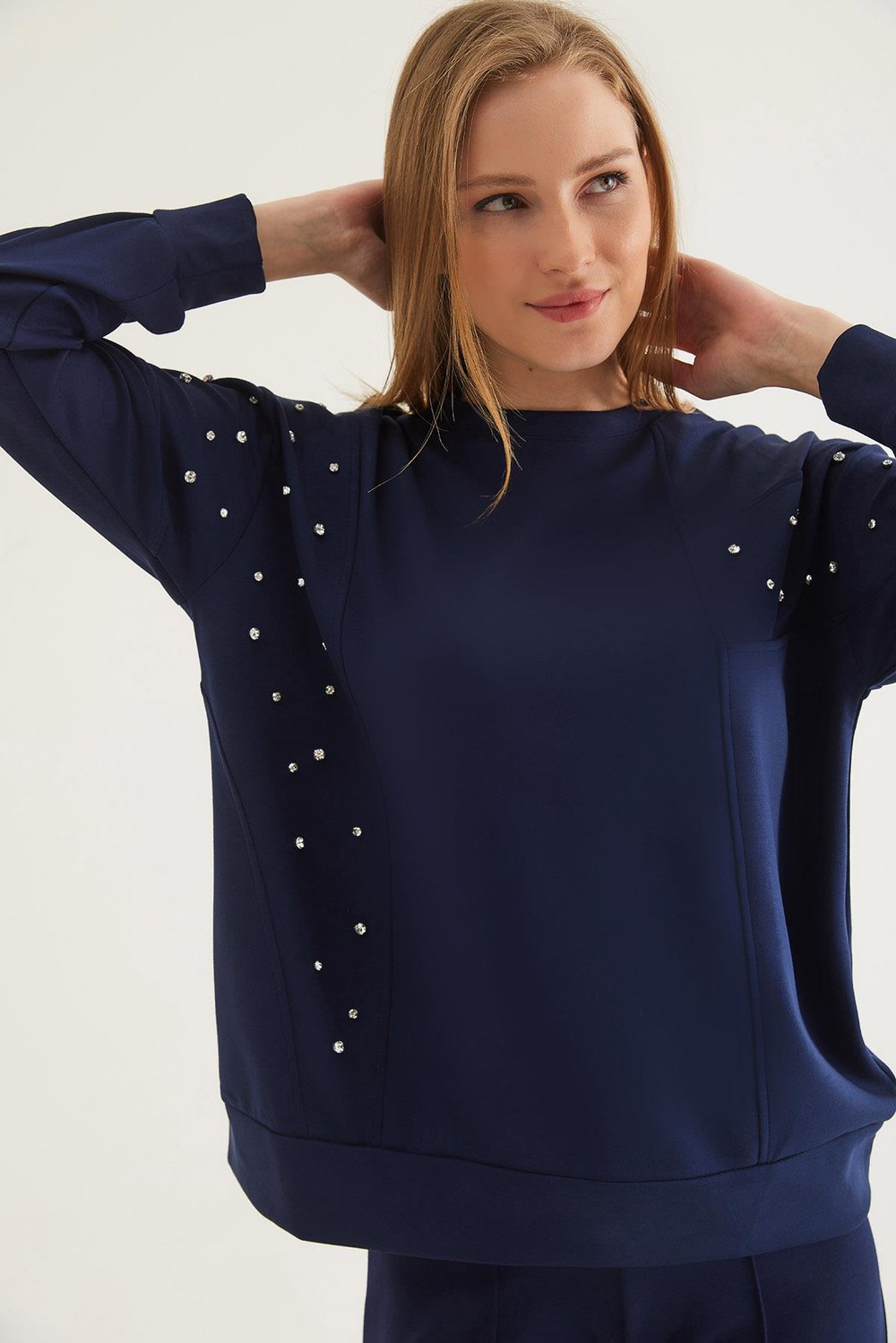 Taş Detaylı Modal Sweatshirt Lacivert