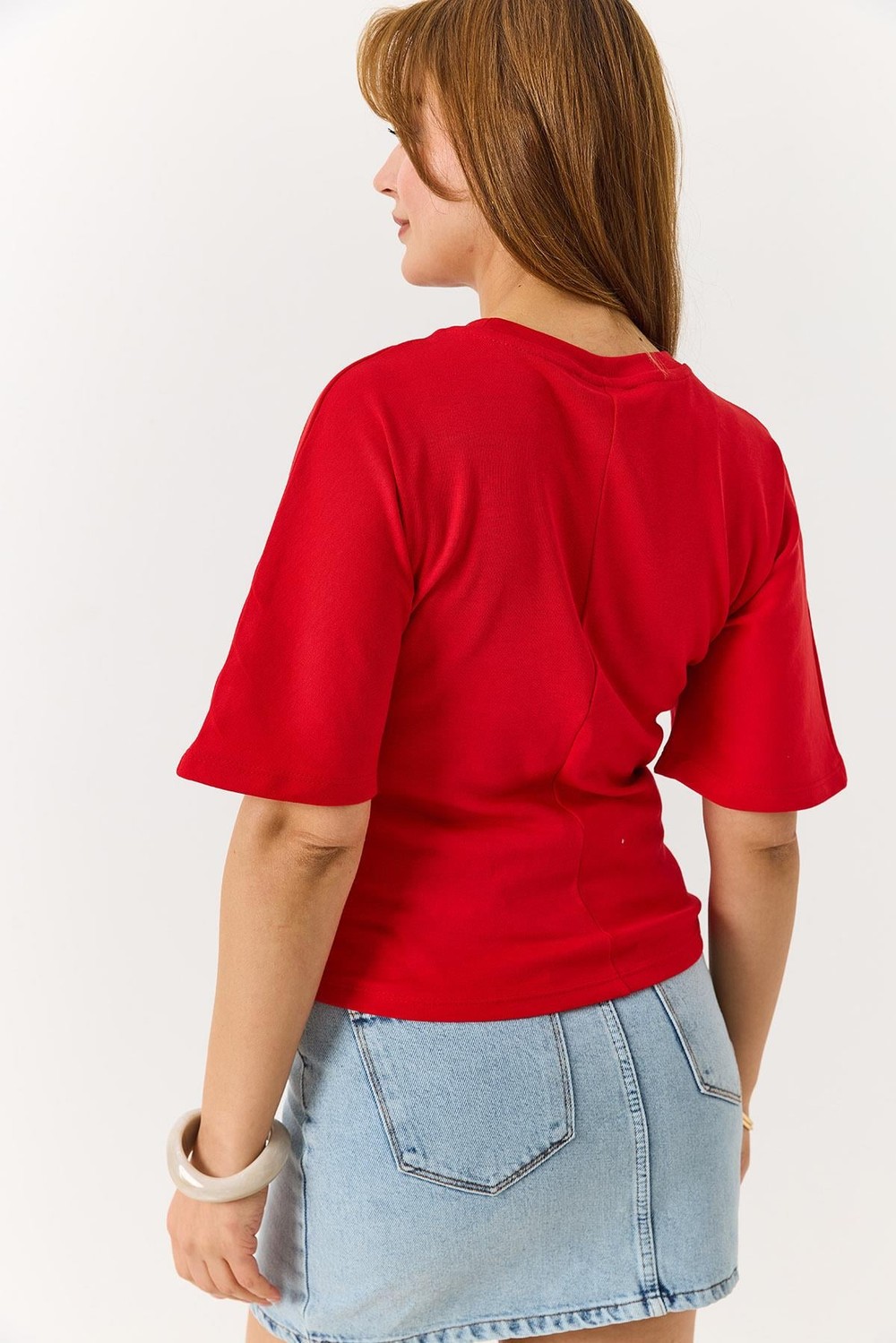 Kadın Bisiklet Yaka Basic Omuzları Geniş Tam Kalıp Tshirt Kırmızı