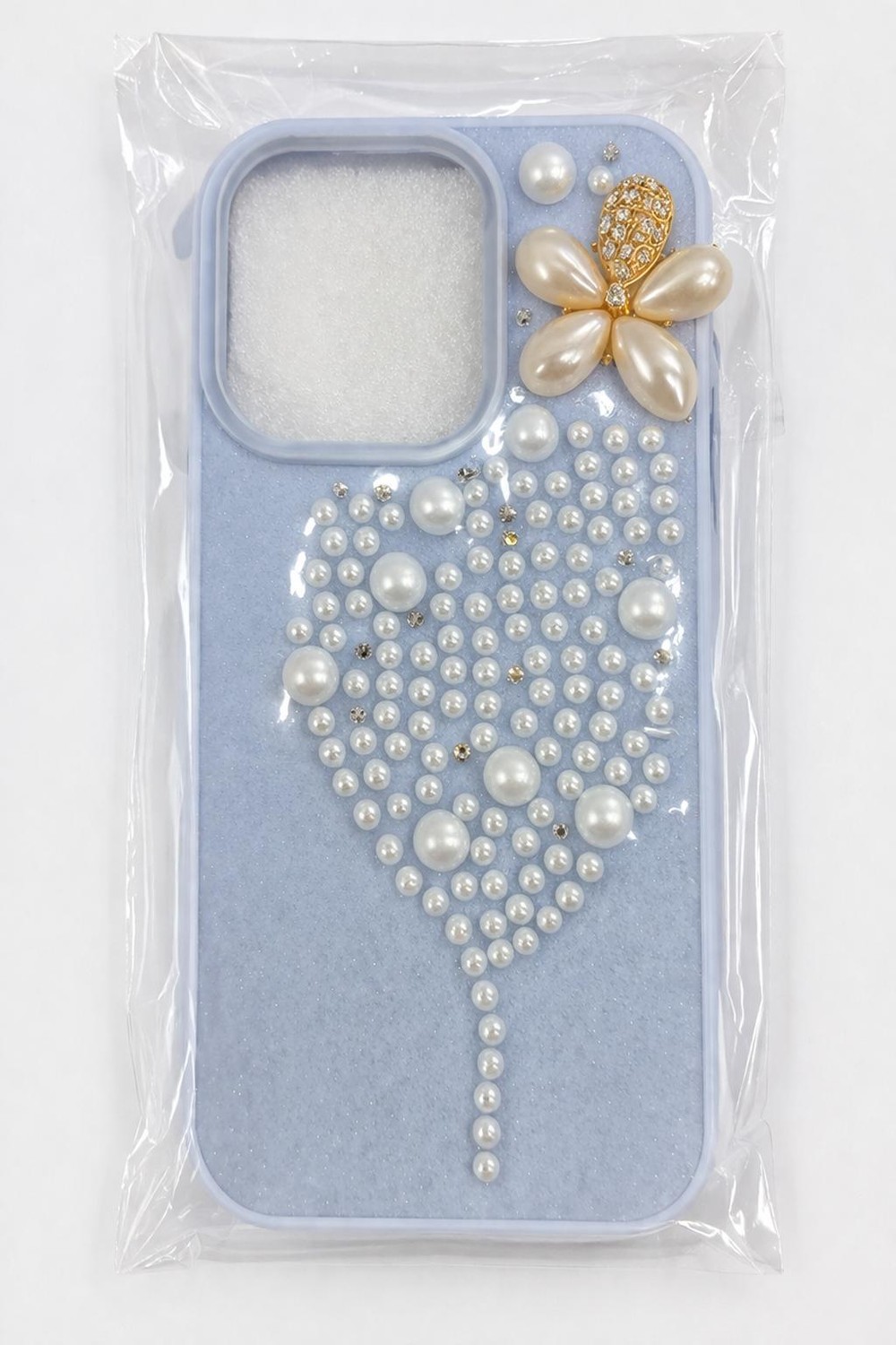 İphone 15 Pro Max Uyumlu İnci ve Glitter Detaylı Kılıf Mavi