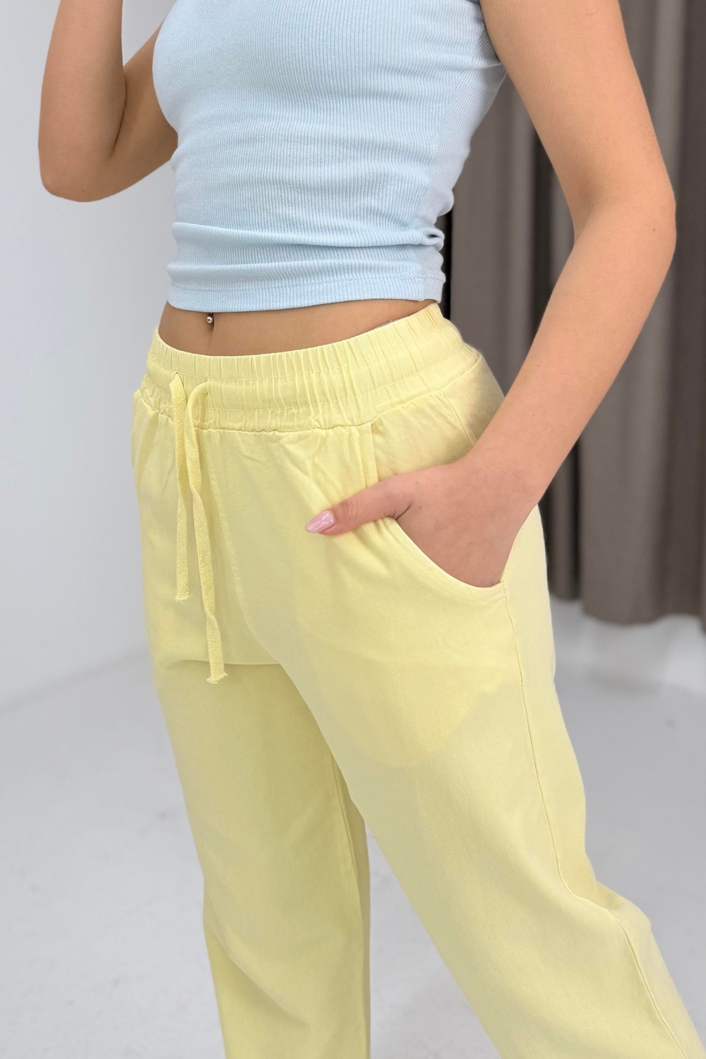 Kanvas Cepli Bağcıklı Beli Lastikli Uzun Pantolon Sarı