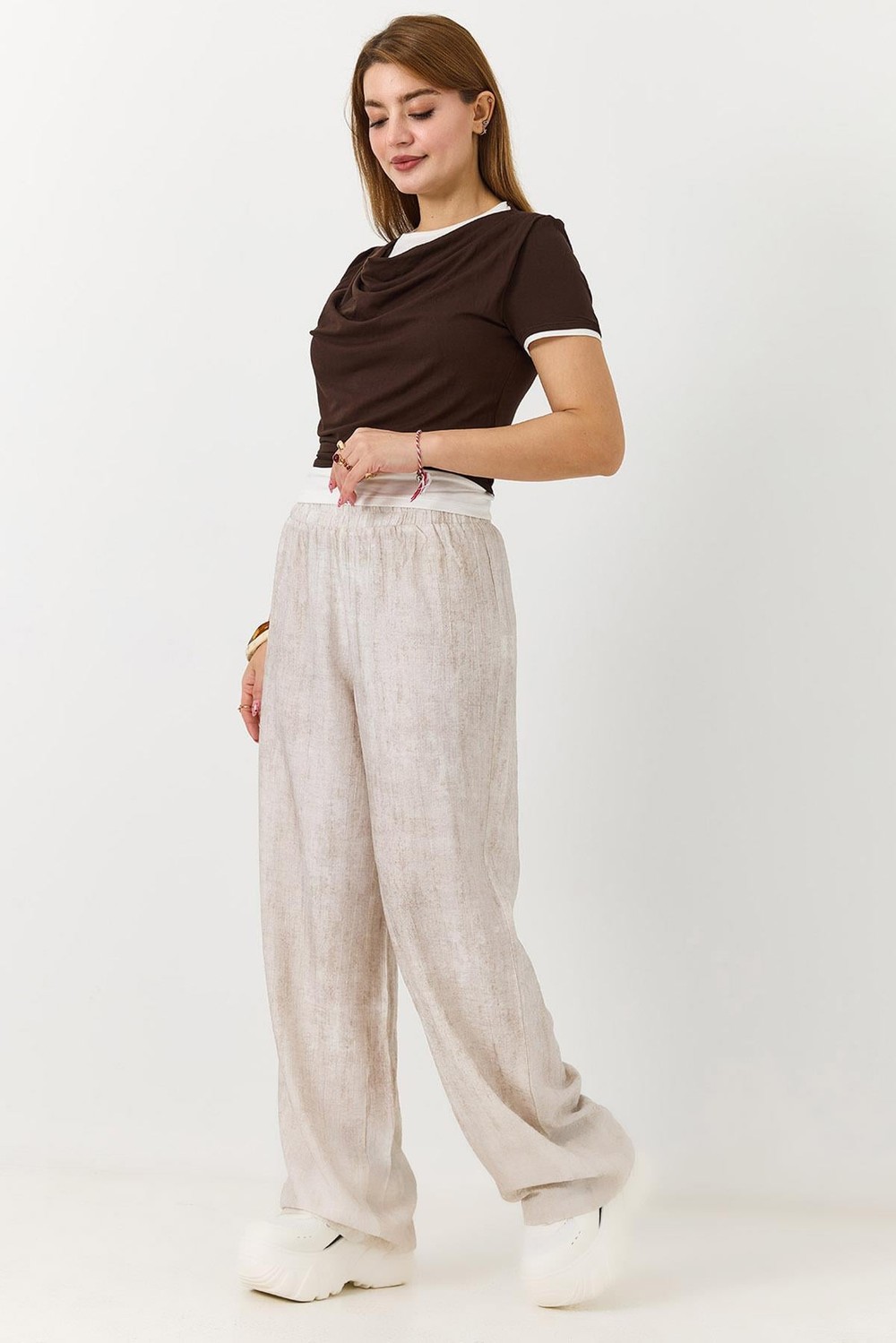 Kadın Desenli Beli Lastikli Bol Kesim Pantalon Bej 