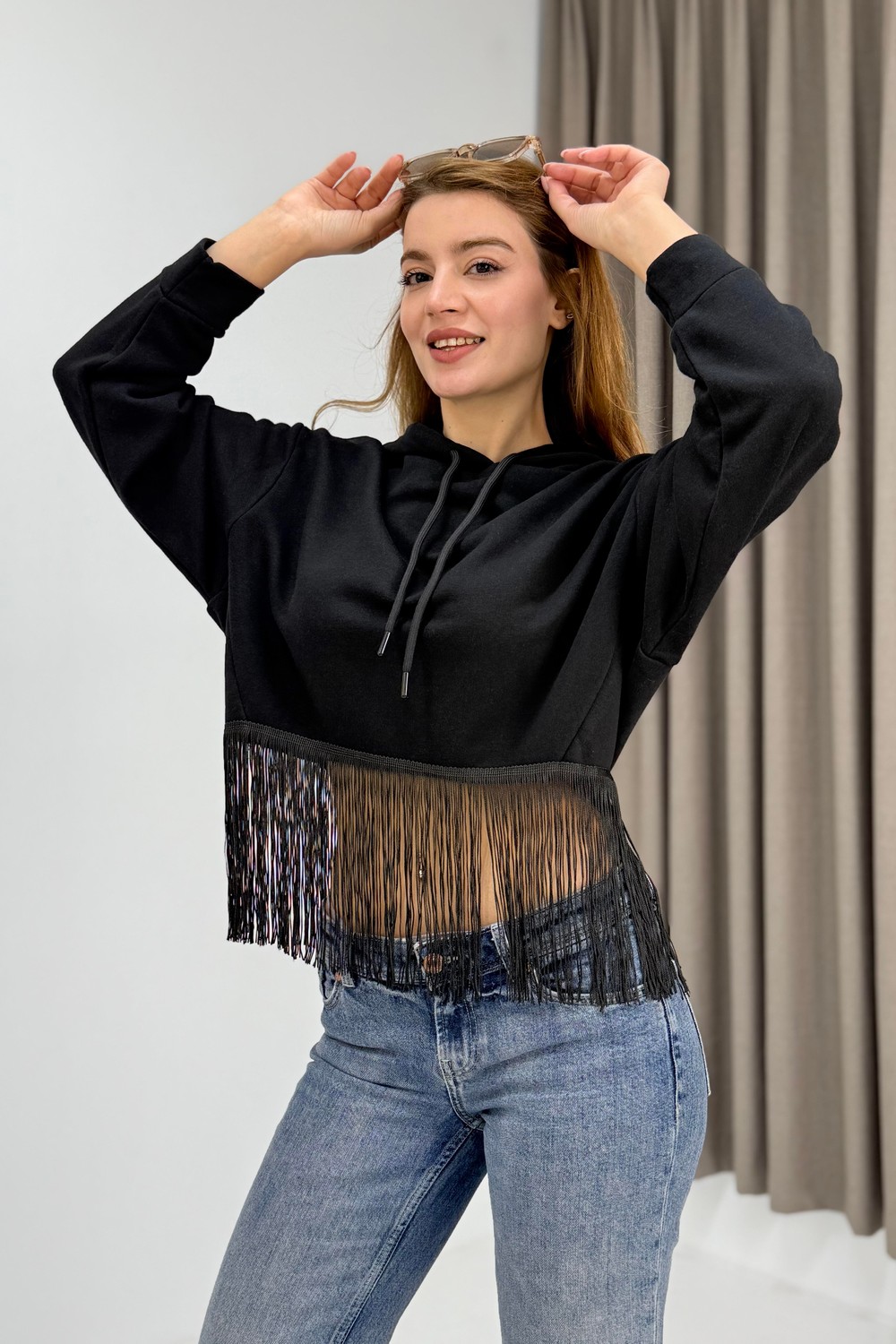 Kadın İp Saçaklı Kapuşonlu Sweatshirt Siyah