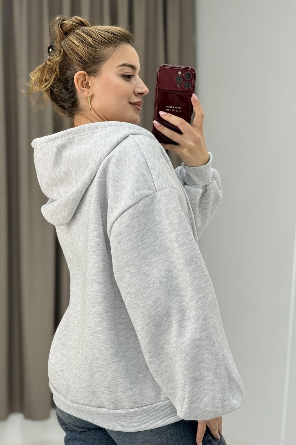Kadın Oversize Kapüşonlu Cepli Sweatshirt Gri