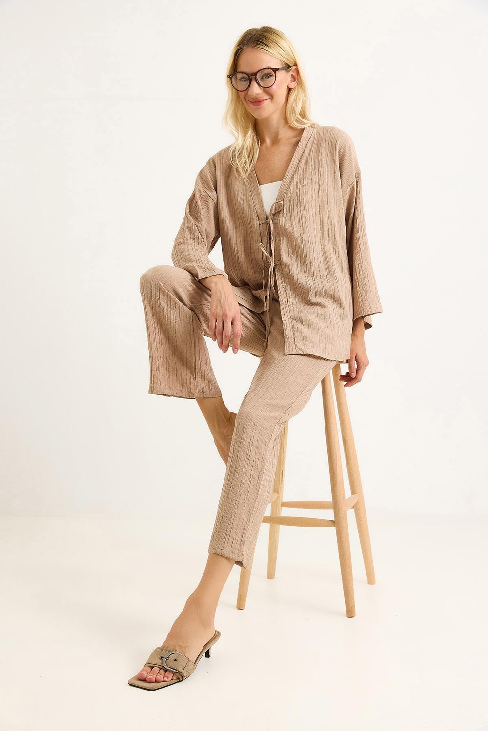 Kimonolu Pantalon Krınkıl Takım Bej