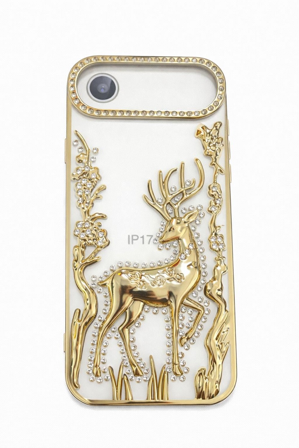 İphone 17 Air Uyumlu Geyik ve Çiçek Kabartmalı Kılıf Gold