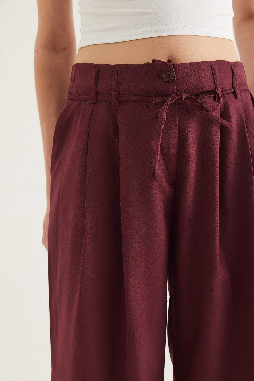 Kendinden Kemerli Cepli Bol Pantolon Bordo