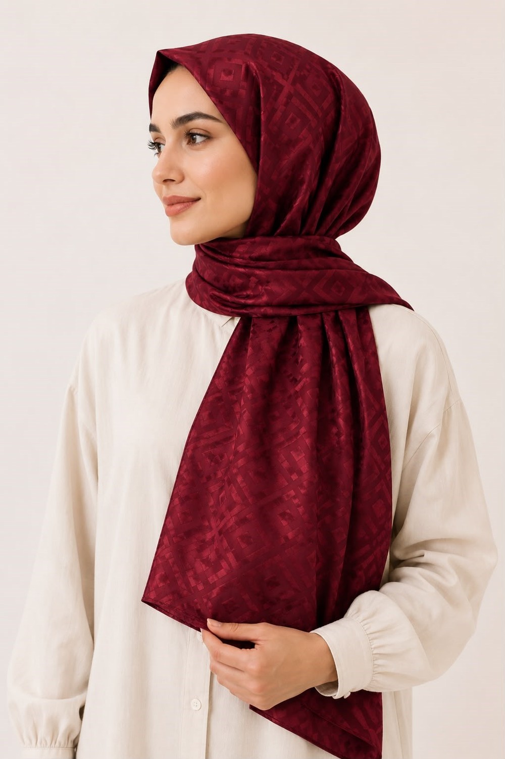 Kadın Geometrik Desenli 180X70 Ölçülü Jakar Şal Bordo