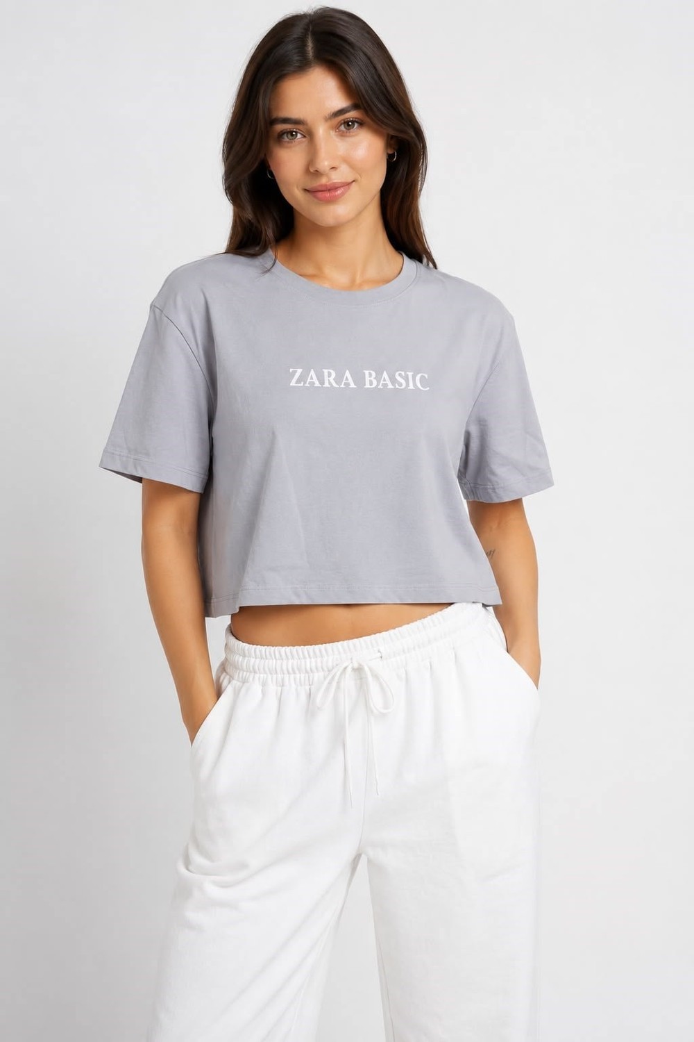 Kadın Zra Baskılı Crop Tshirt Gri