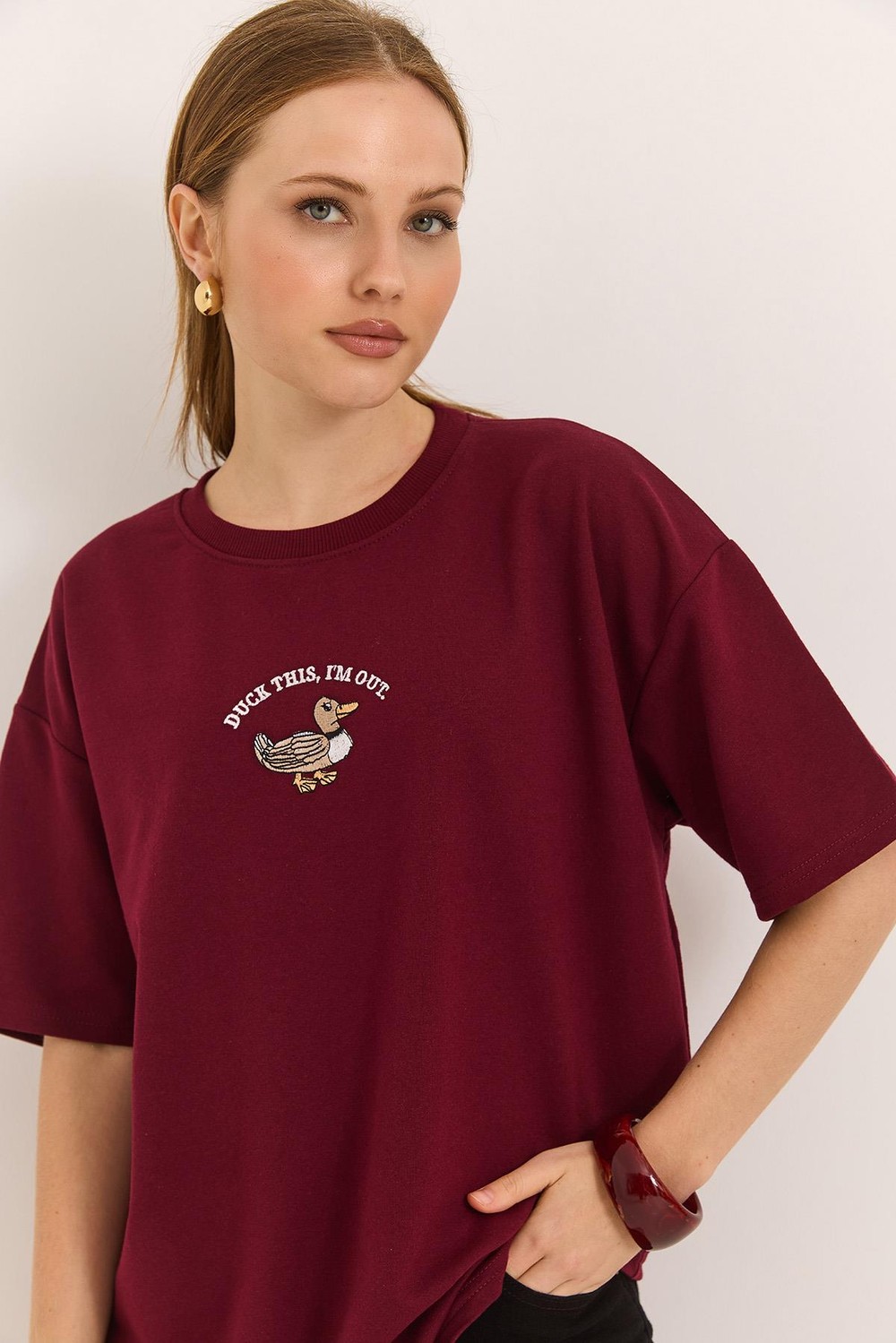 Duck Nakışlı Oversize İki İplik Tshirt Bordo
