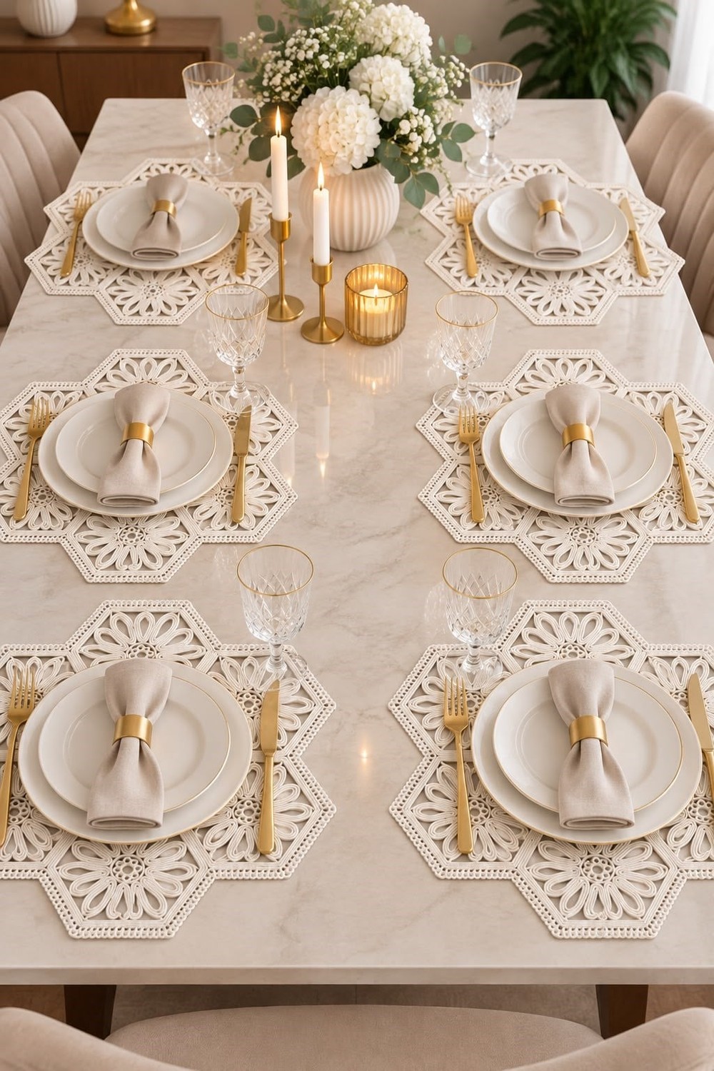 6lı Geometrik Desenli Çiçek Motifli Runner Beyaz1