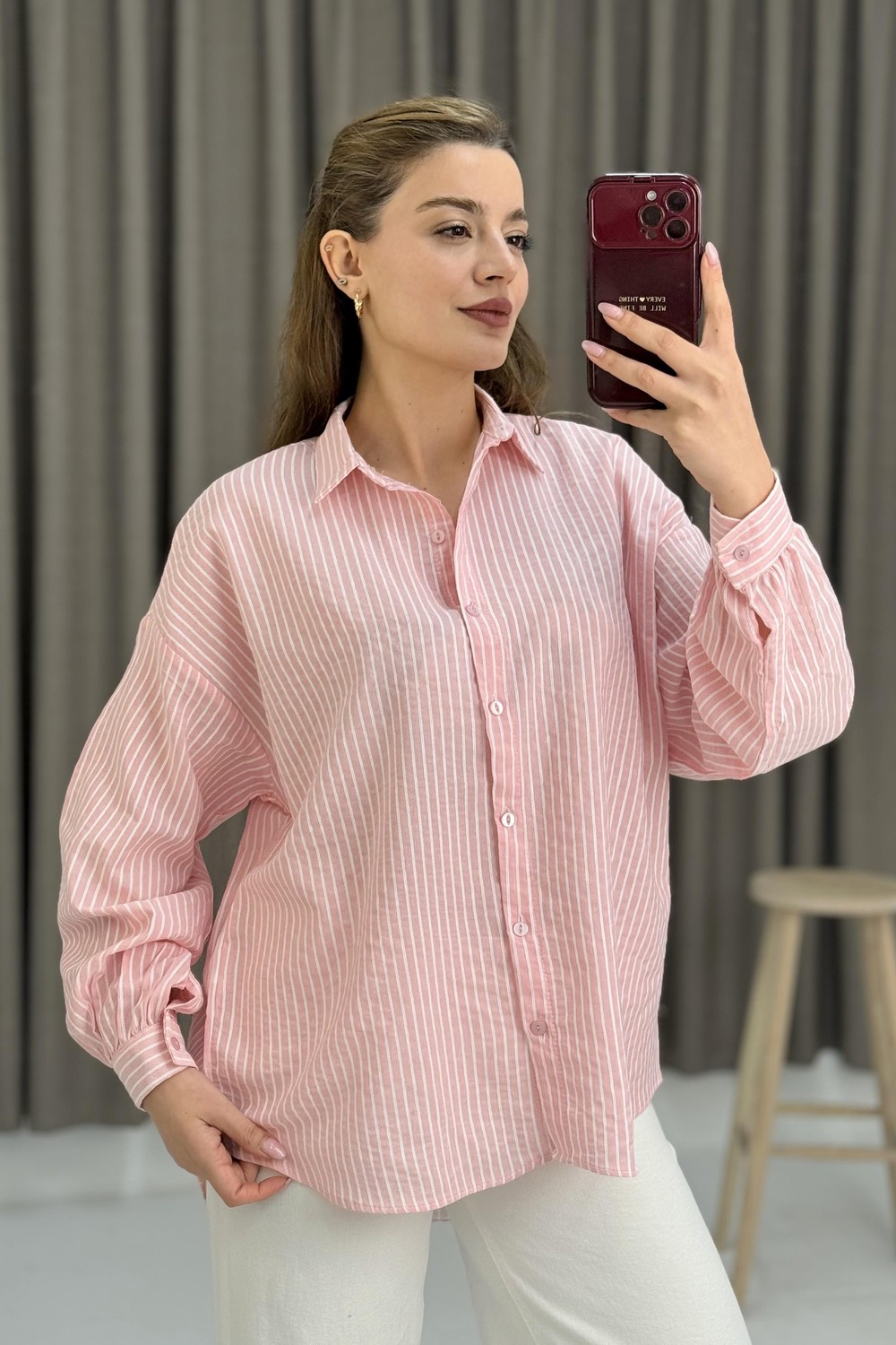 Kadın Uzun Kollu Oversize Gömlek Pembe