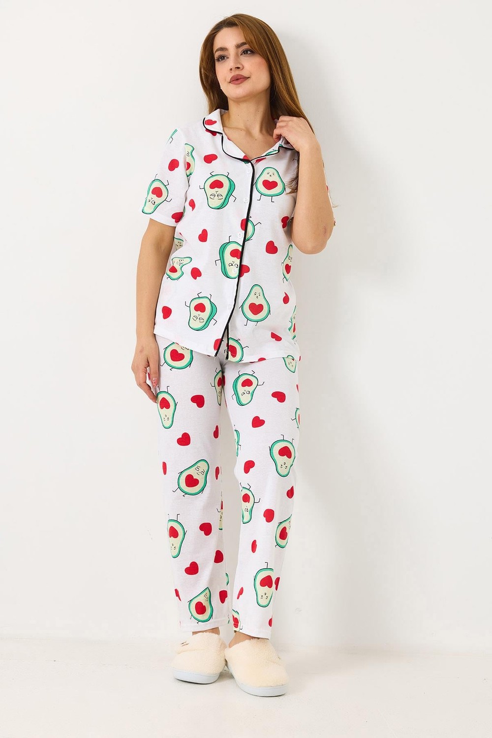 Kadın Kısa Kollu Avokado Baskılı  Düğmeli Pijama Takımı  Beya