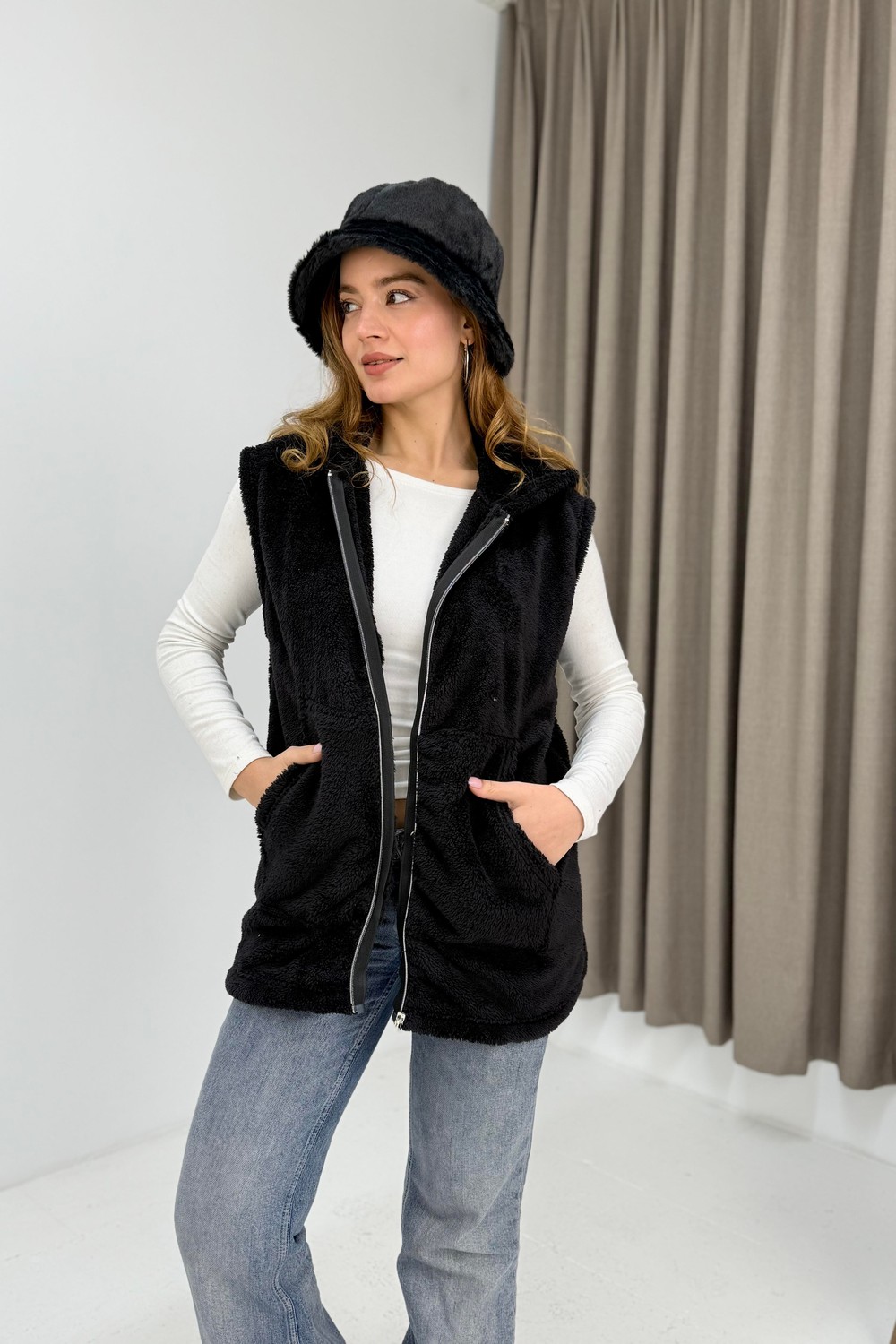 Kadın Kapüşonlu Kanguru Cepli Welsoft Sweat Siyah