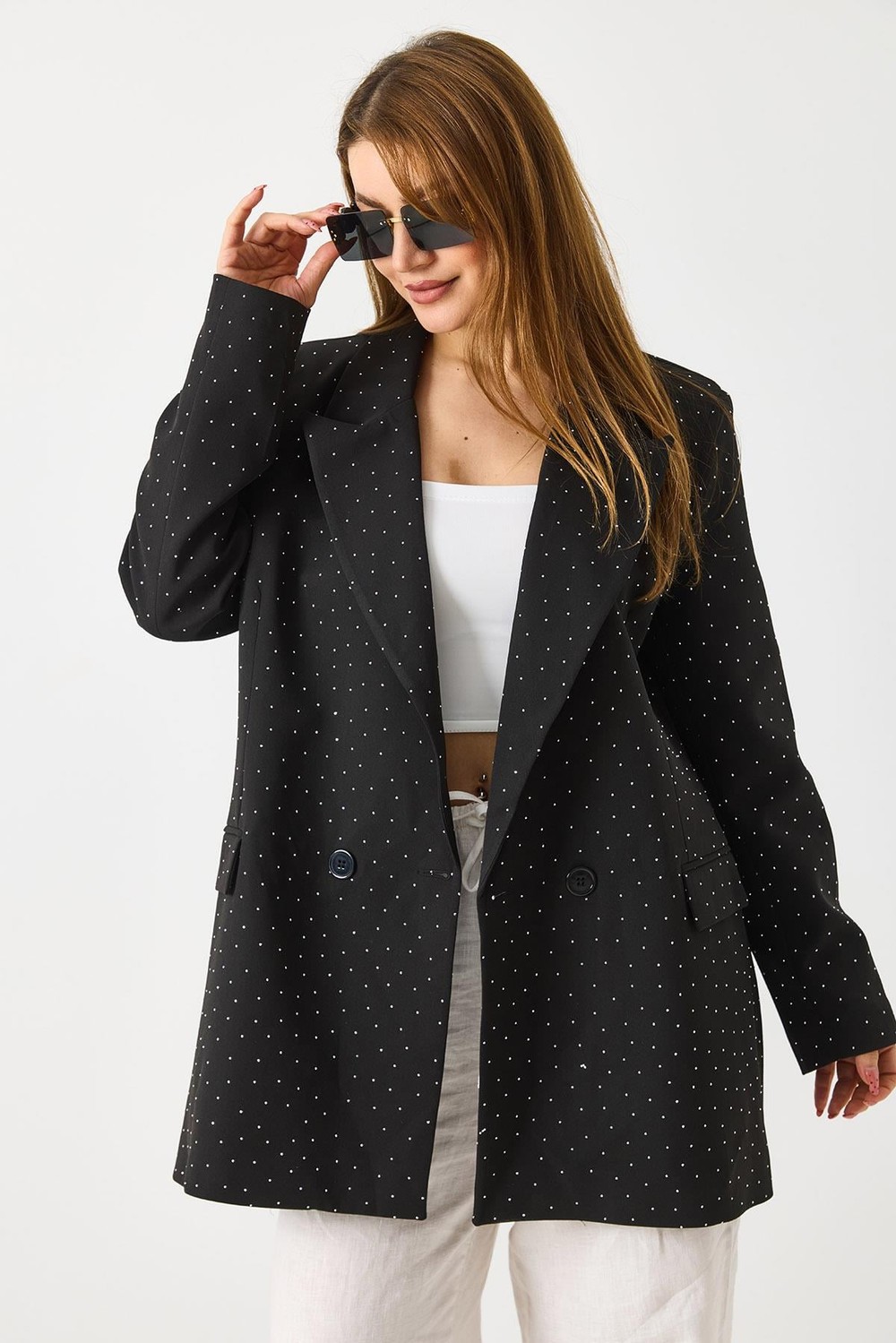 Kadın Taş Detaylı Astarlı Oversize Ceket Siyah