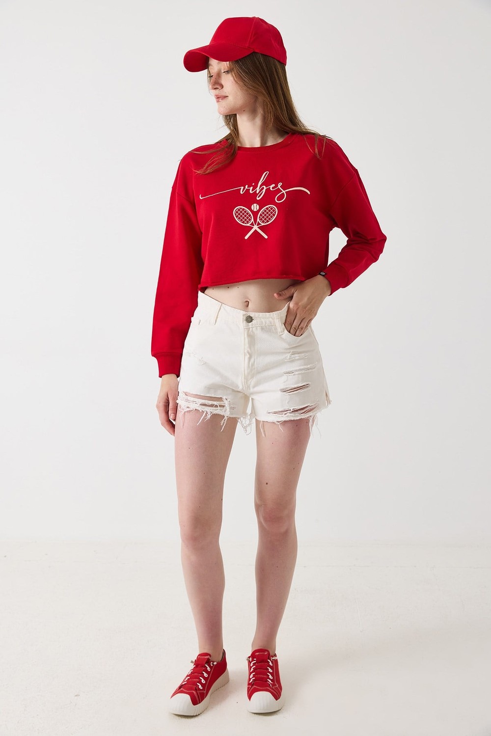 Kadın İki iplik Crop Sweatshirt Kırmızı