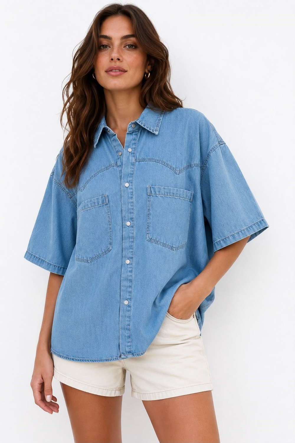 Kadın Oversize Cepli Çıt Çıt Düğmeli Denim Gömlek Mavi