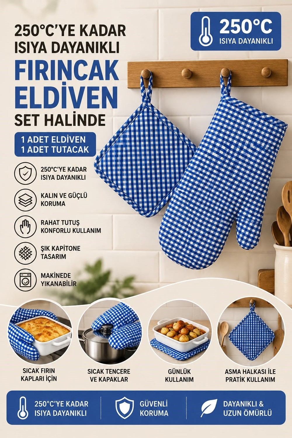 Potikare Fırın Eldiveni ve Tutacak Seti 250 Derece Isıya Dayanıklı Mavi
