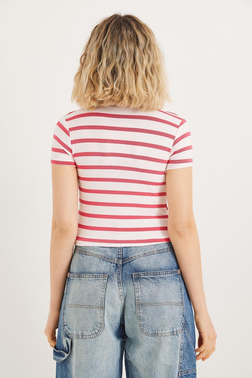 Polo Yaka Çizgili Crop Bluz Kırmızı