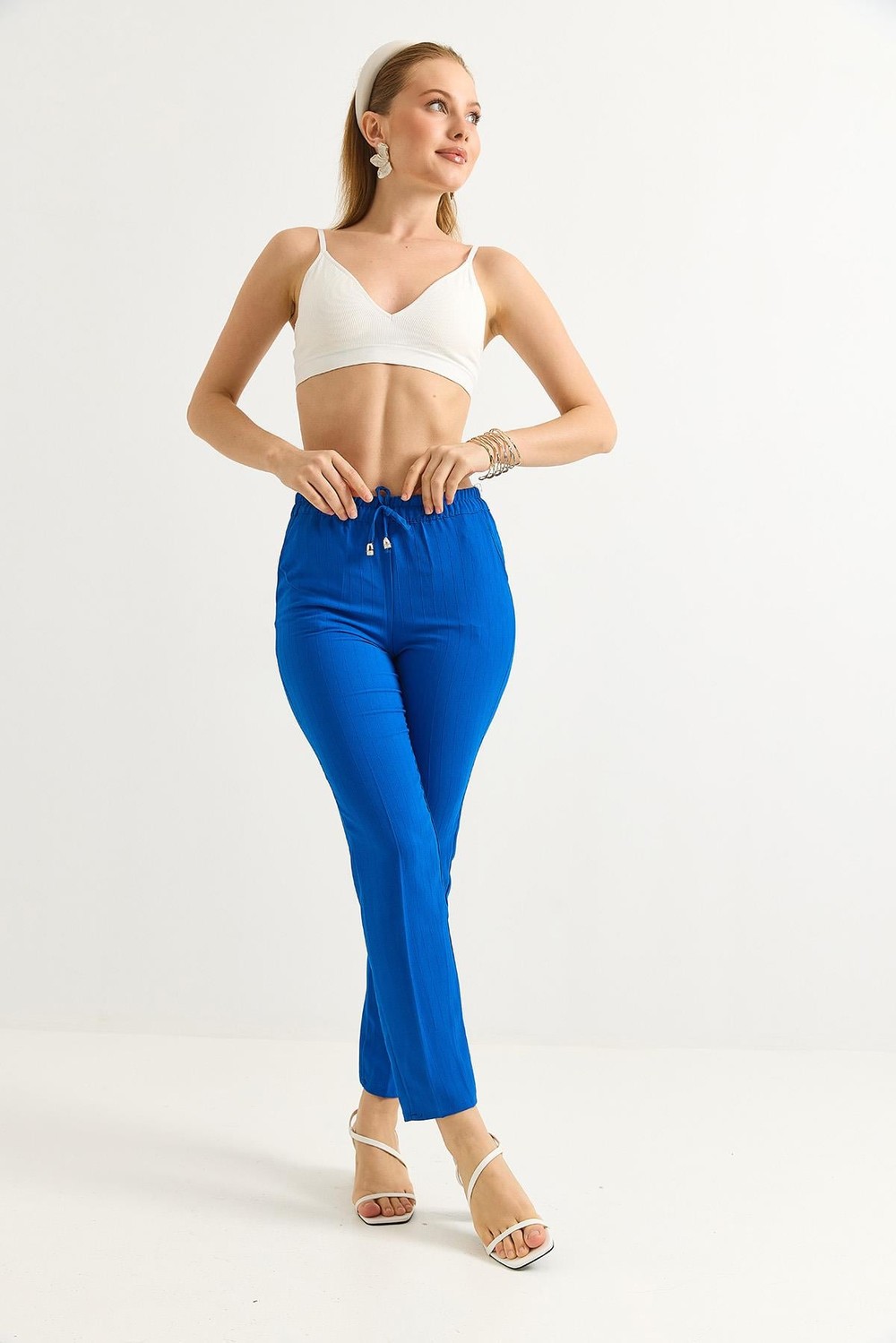 Beli Lastikli Çizgi Desenli Krep Pantolon Saks