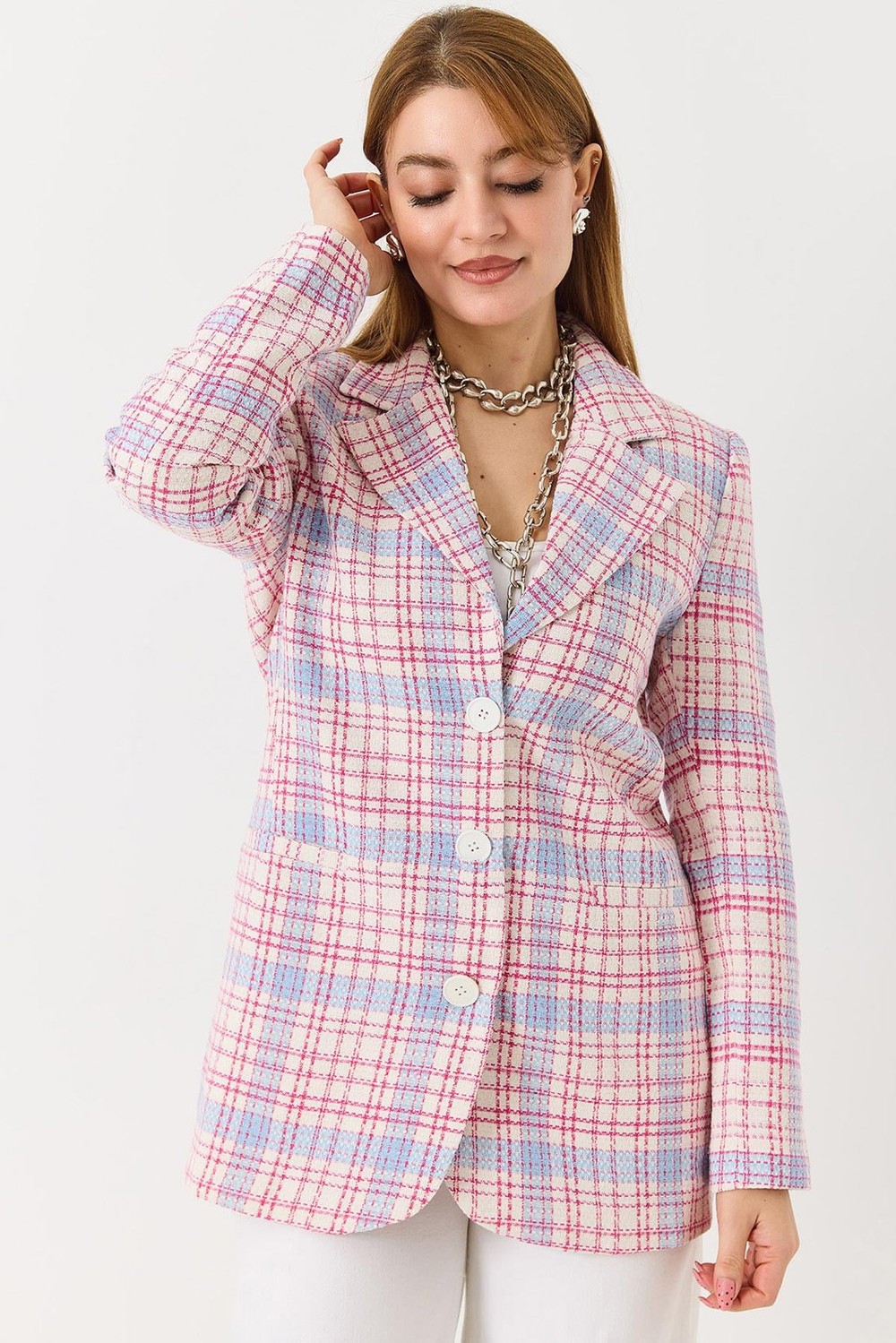 Kadın Ekoseli Blazer Ceket Pembe