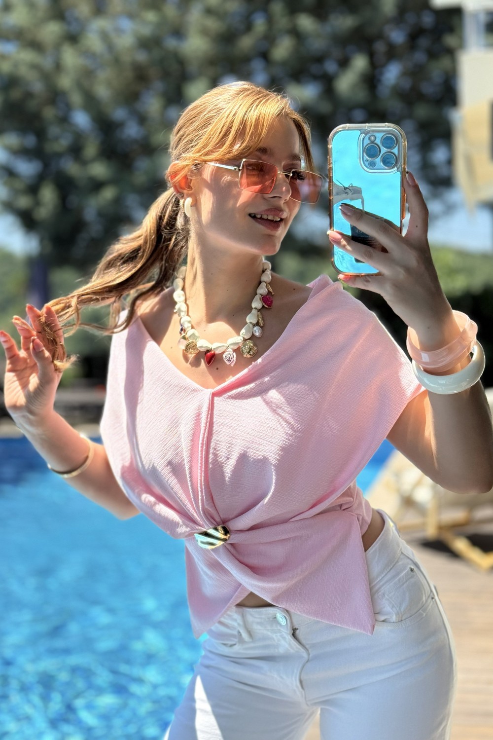 Kadın Kayık Yaka Gold Tokalı Kısa Kollu Bluz Pembe