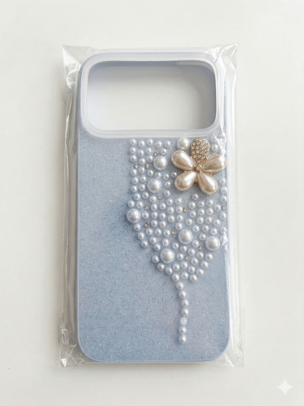 İphone 17 Pro Max Uyumlu İnci ve Glitter Detaylı Kılıf Mavi