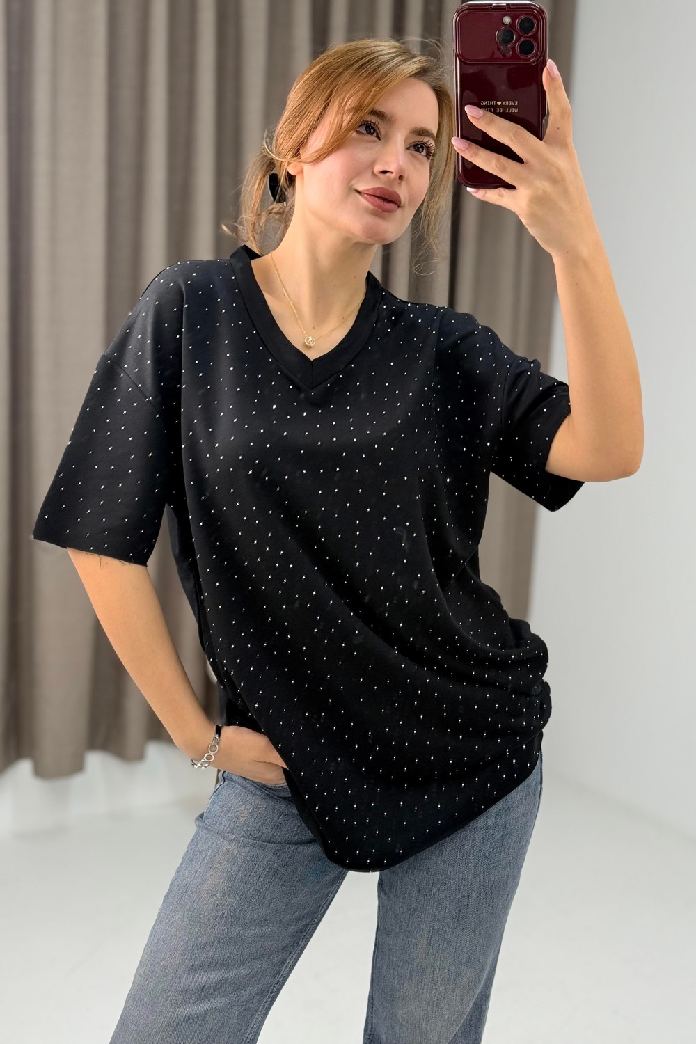 V Yaka Taşlı Yarım Kol T-shirt Siyah