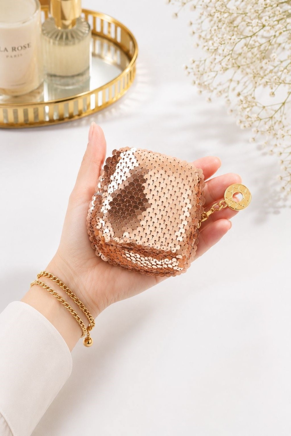 Kadın Pullu 10X7 Ölçülü Mini Boy Makyaj Çantası Gold