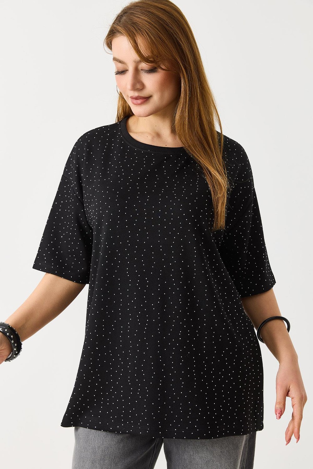 Kadın Taş Detaylı Bsiklet Yaka Oversize Tshirt Siyah