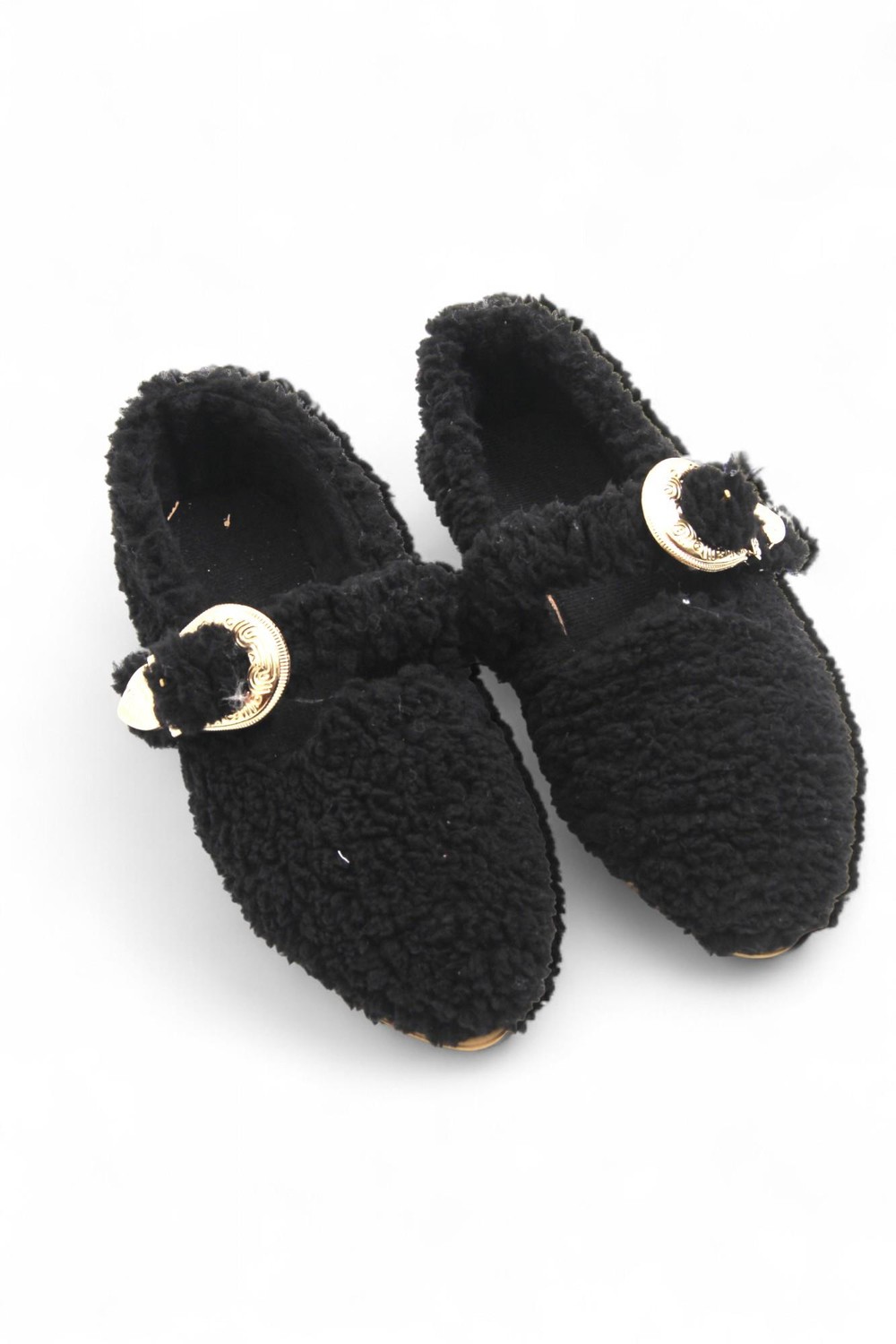 Kadın Peluş Tokalı Siyah Ev Ayakkabısı