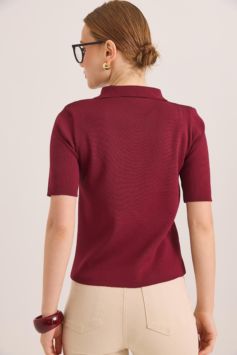 Nakışlı Polo Yaka Düğme Detaylı Triko Tshirt	Bordo