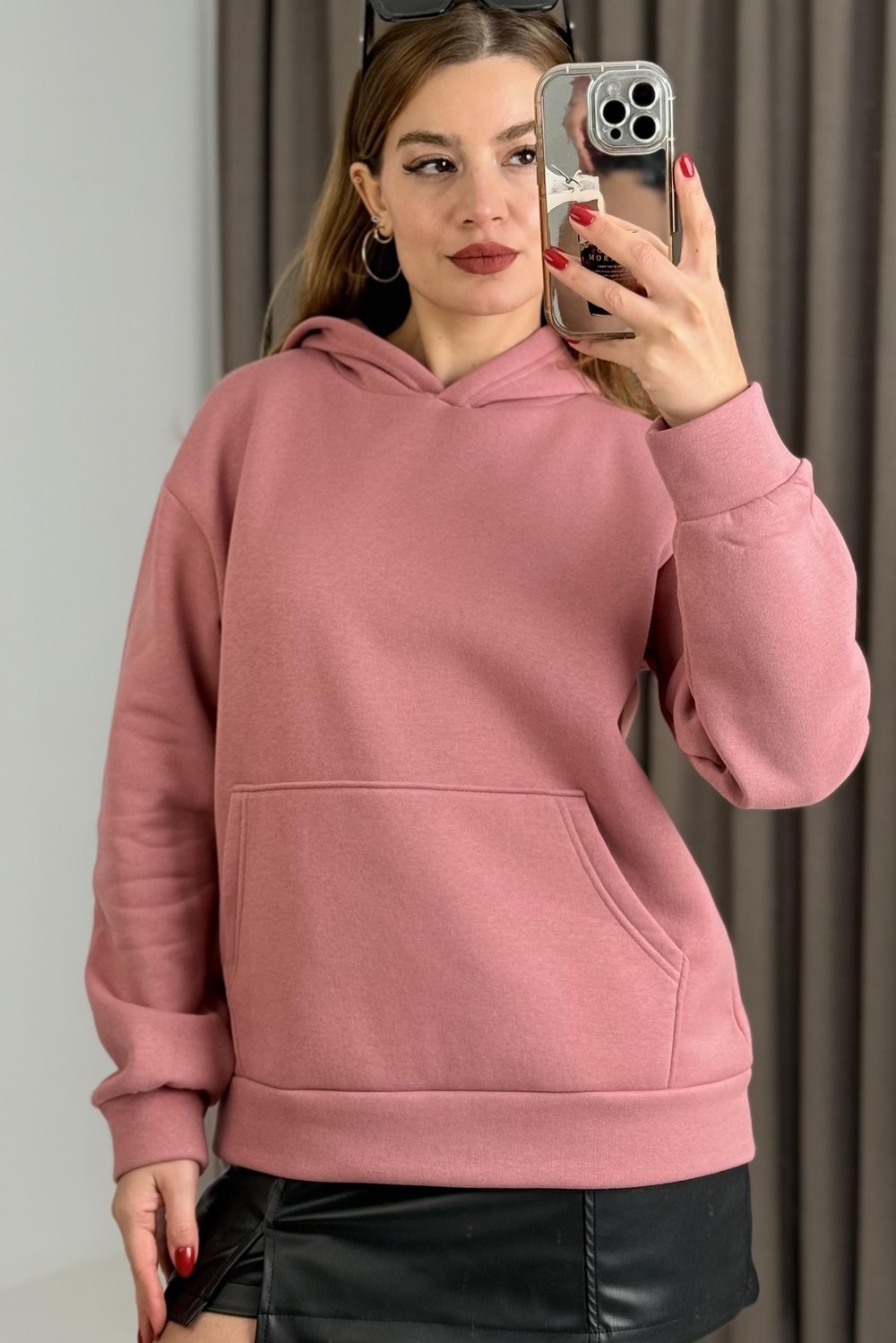 Üç İplik Pembe Şardonlu Kangru Cepli Kapişonlu Sweat