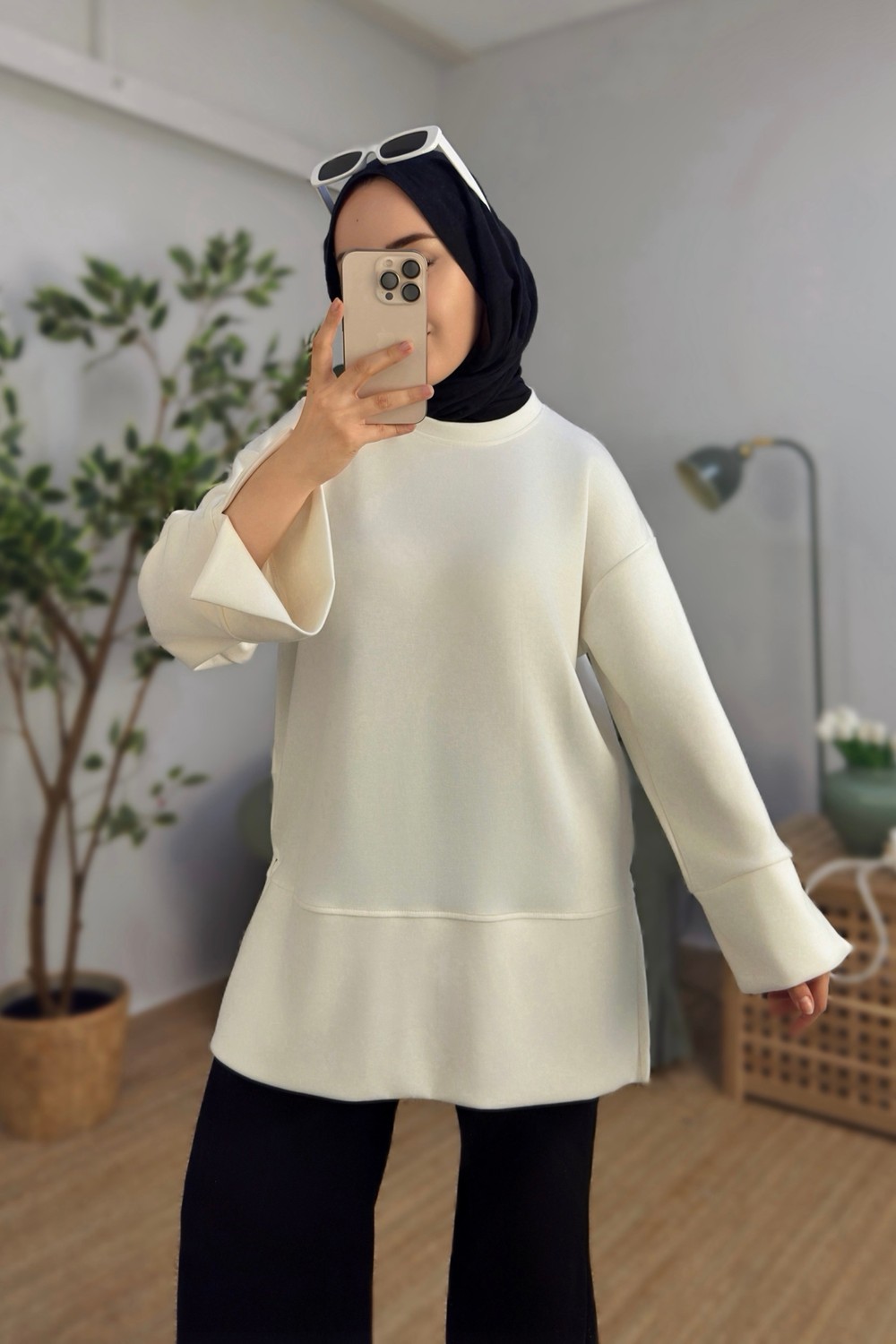 Kadın Oversize Manşet Detaylı Tunik Beyaz
