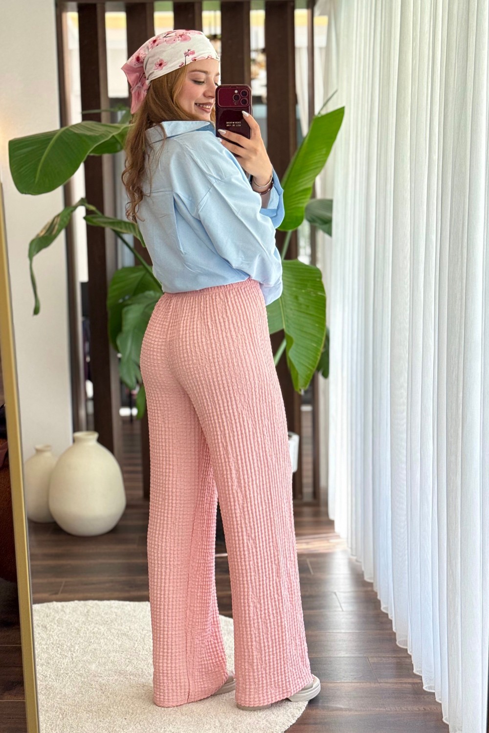 Kadın Bürümcük Beli Lastikli Rahat Pantolon Pembe