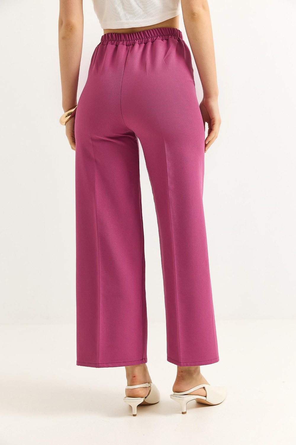 Bel Kuşaklı Bol Paça Krep Pantolon Pembe