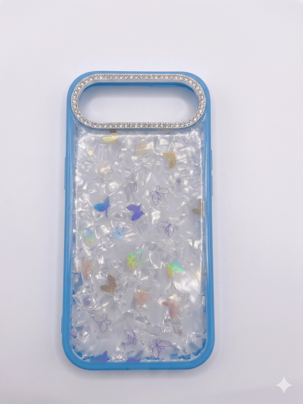 iPhone 17 Pro Max Uyumlu Simli Kelebek ve Fiyonk Figürlü Kılıf Mavi