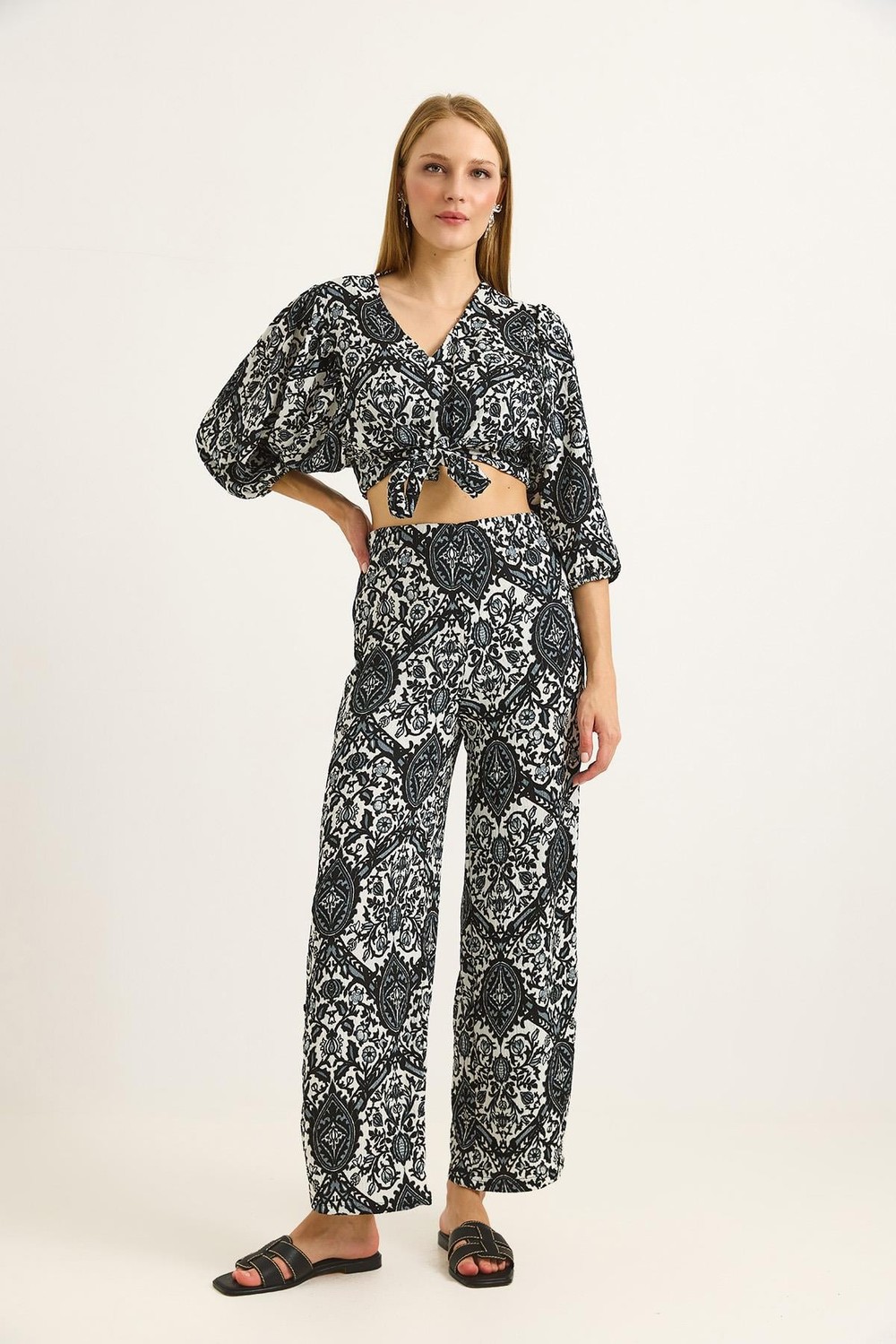 Bağlamalı Crop Bluz Pantolon İkili Takım Siyah