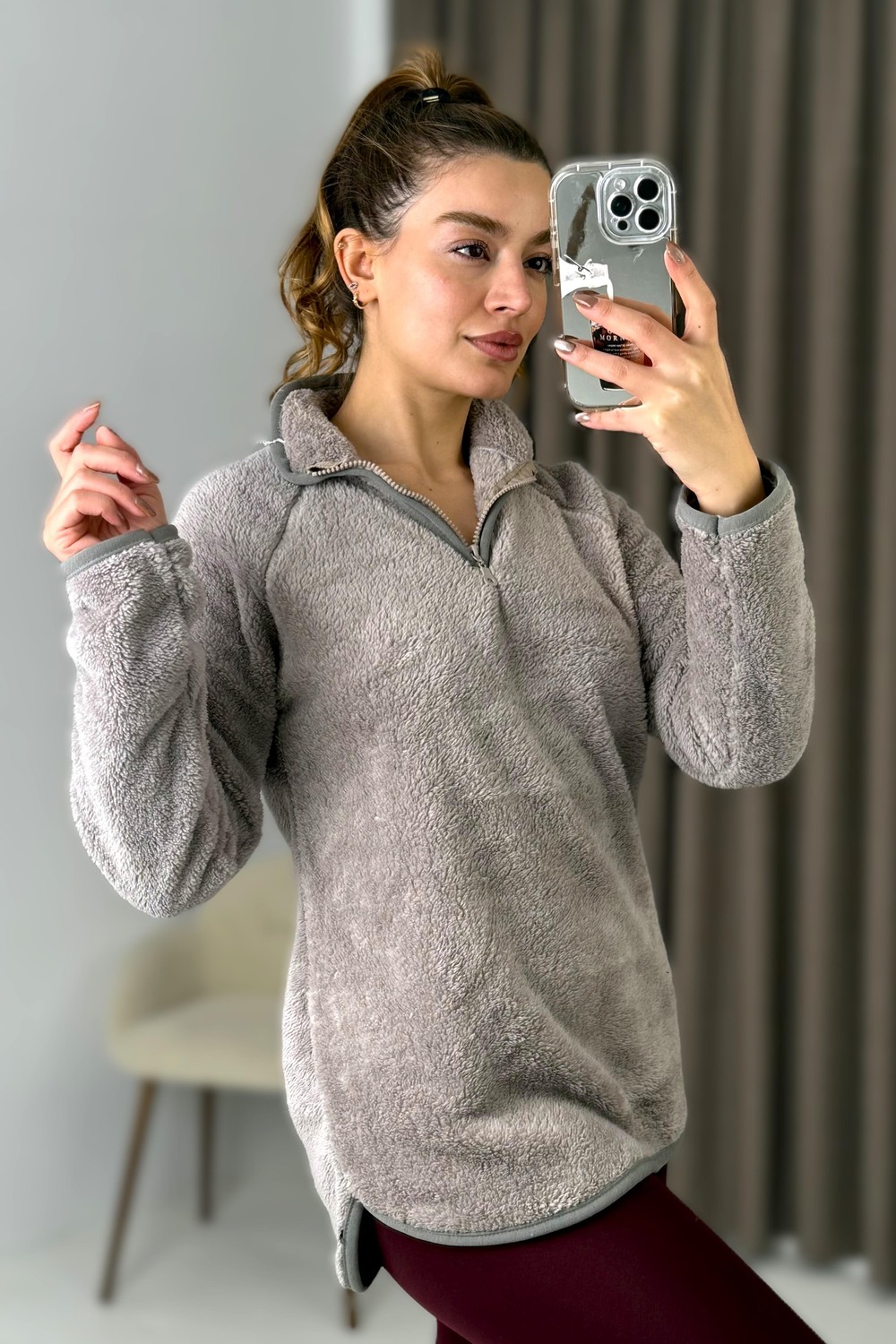 Kadın Yarım Fermuarlı  Welsoft Peluş Gri Sweatshirt 