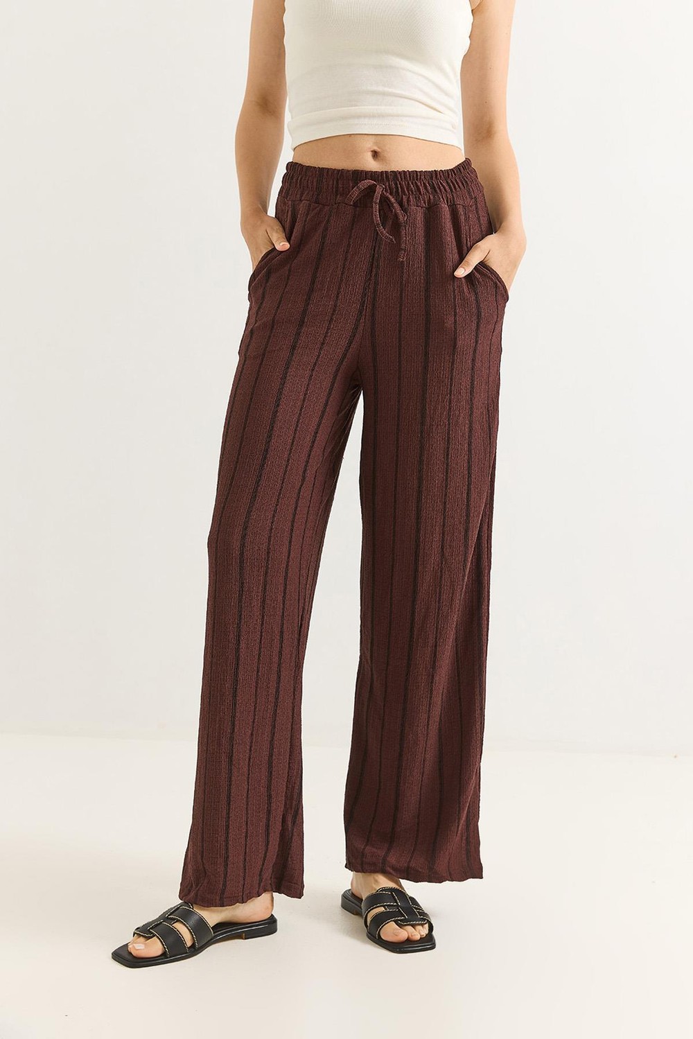 Bürümcük Çizgili Rahat Kesim Pantalon Kahverengi