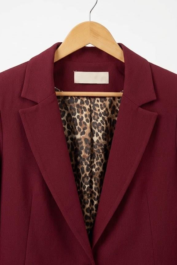 Kadın İç Astarı Leoparlı Tek Düğmeli Ceket Bordo